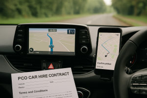 Visual of a car’s dashboard with a GPS, phone with a ride-hailing app, and PCO car hire contract