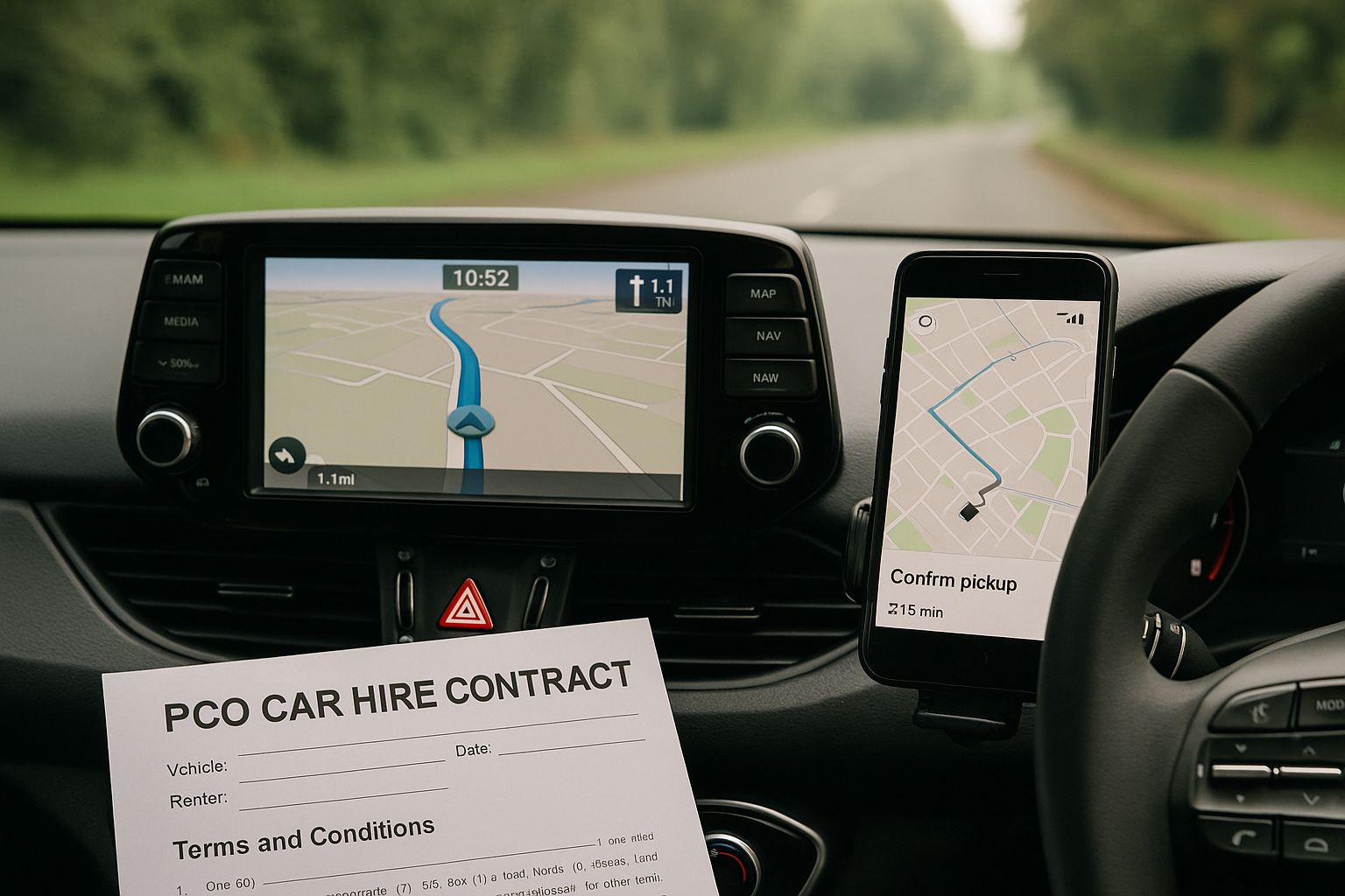 Visual of a car’s dashboard with a GPS, phone with a ride-hailing app, and PCO car hire contract