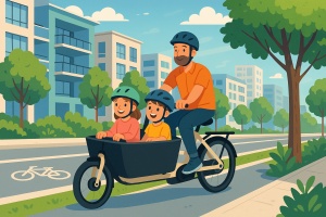 a family riding an electric cargo bike