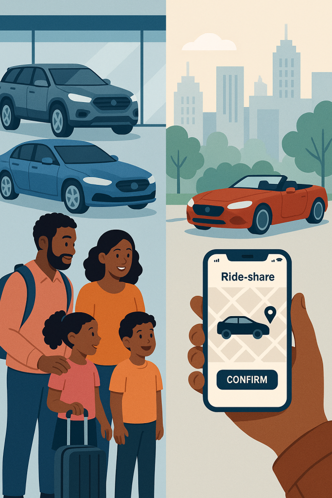 Family at Car Rental vs Ride-Hailing
